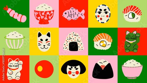 Playful kawaii doodles cute stickers with sushi, onigiri, rice, shrimp, geisha and kitsune masks, and lucky cats.