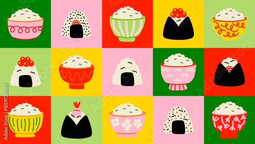 Bright kawaii doodles cute set with rice bowls and onigiri. Colorful Japanese food illustrations for calendars, prints, and decor.