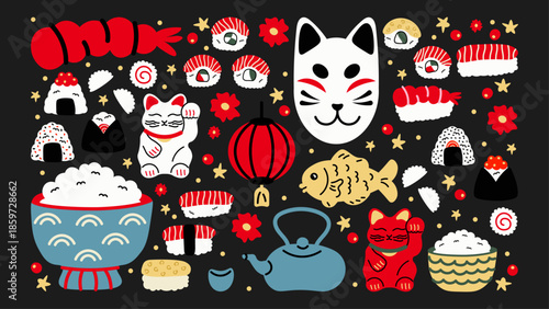 Cute kawaii doodles Asian culture stickers. Sushi, ramen, lanterns, kitsune cat mask, koi fish, lucky cat illustrations.