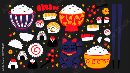 Playful kawaii doodles Japanese food stickers with sushi, rice bowls, lucky cat, and sakura flowers. Cartoon style illustrations.