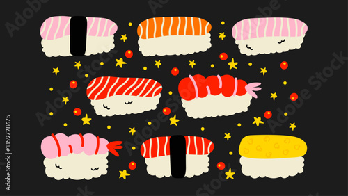 kawaii doodles sushi sticker set with colorful Japanese food designs. Playful illustrations for planners, apps, prints, and decor.
