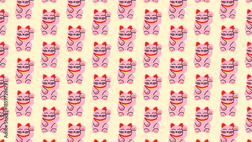 lucky cat (Maneki-neko) pattern inspired by Japanese culture. Cute symbol of luck, happiness, and prosperity.
