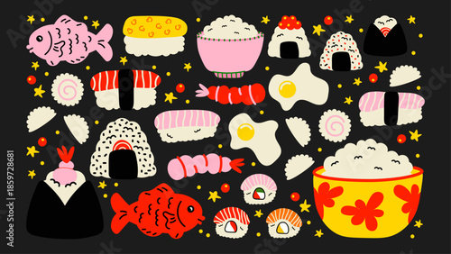 Playful kawaii doodles cute Japanese food stickers. Sushi, fish, rice bowls, tea, and traditional food illustrations.