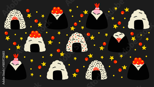 doodles set of onigiri stickers with different fillings and designs. Japanese food-inspired illustrations for planners, apps, and branding.