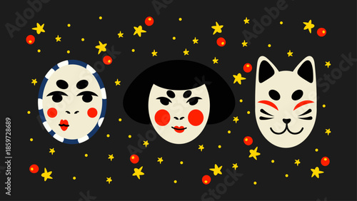 Playful kawaii doodles cute sticker set with traditional Japanese masks. Geisha and kitsune cartoon illustrations in bright colors.