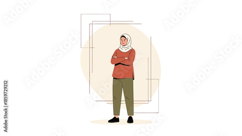 Minimalist illustration of a confident woman wearing a hijab with arms crossed in front of a
