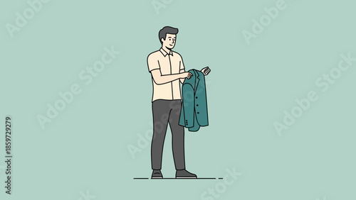 Minimalist Illustration of a Man Holding a Blue Jacket in a Casual Setting