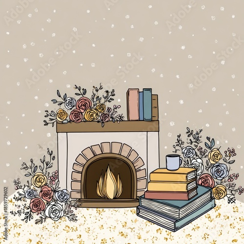Cozy hygge vector illustration with a fireplace and books on a soft carpet. Warm tones and doodle minimalism create a calm introverted mood.