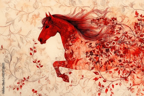 Red horse focal point in intricate toile-style design. Ideal for stationery, wall art, and home decor projects.