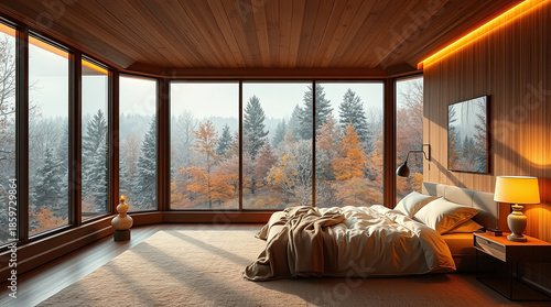 Soft bedding and warm tones in a bedroom with a snowy forest view. Peaceful winter relaxation.