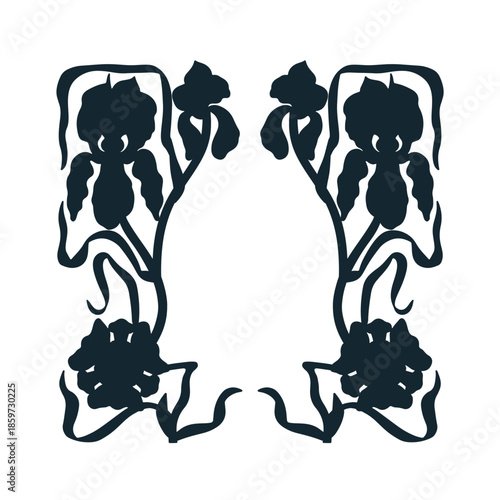 Vintage art nouveau hand drawn monochrome black silhouette iris flower symmetrical frame vector illustration
