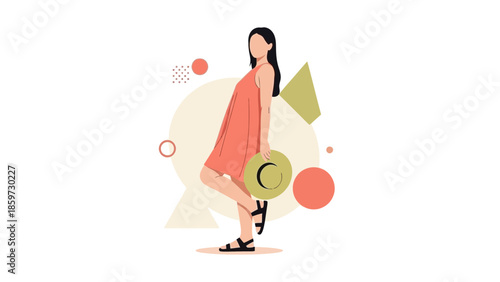 Stylish Woman Holding a Sun Hat in a Minimalist Fashion Illustration for Summer Fashion Campaigns