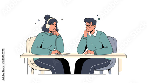 illustration of a man and woman having a thoughtful conversation at a table in a friendly setting