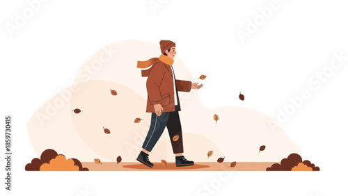 Autumn walk in the park with falling leaves and a woman enjoying the season