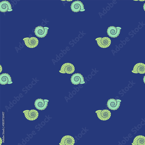 Pastel sea shells coastal seamless pattern on blue background. Hand drawn mollusk repeat wallpaper