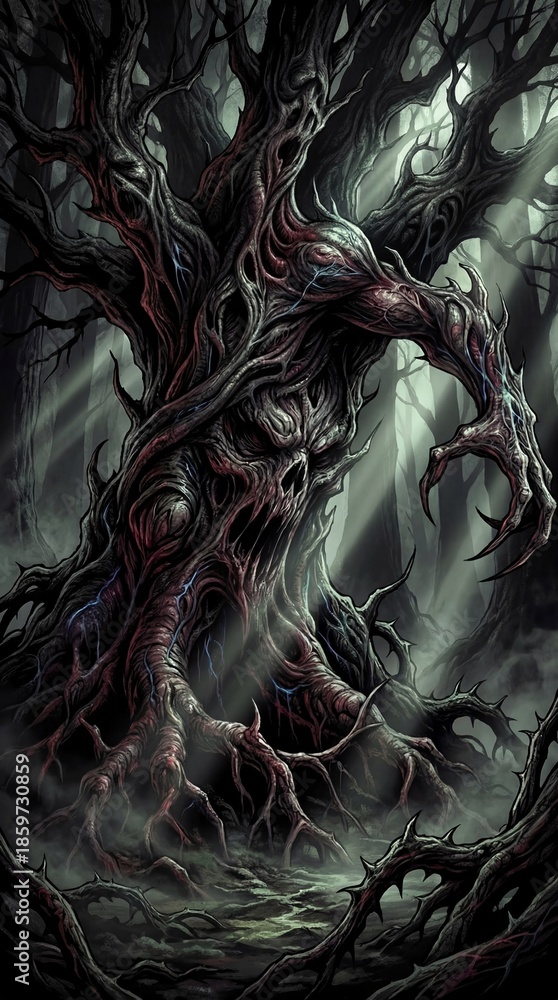 Obraz premium A twisted, haunted tree with a sinister face looms in a dark, foggy forest, exuding an eerie and mystical atmosphere.