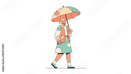 Stylish woman walking with colorful umbrella, wearing a modern coat and skirt suitable for spring