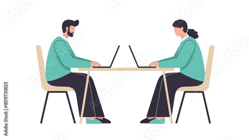 Illustration of Two Professionals Sitting Opposite Each Other Working on laptops at a Meeting Table