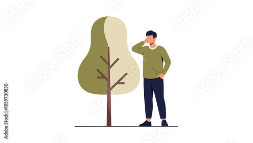 Young man contemplating nature and the environment during a peaceful outdoor walk