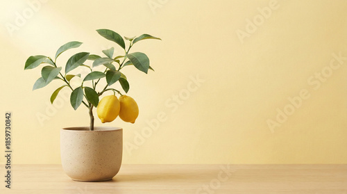 Minimal lemon tree with copy space on yellow gradient background