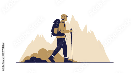 Illustration of a hiker trekking through mountain terrain with backpack and trekking poles