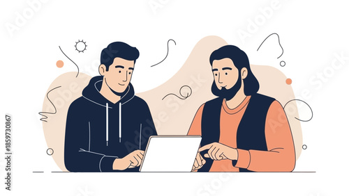 Modern Illustration of Two Men Engaged in a Collaborative Work Session Using a Laptop