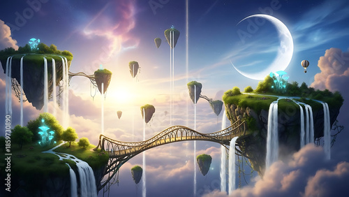 Surreal fantasy landscape with floating islands, waterfalls, hot air balloons, and a crescent moon in a dreamy sky with a bridge connecting two landmasses