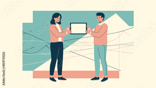 Illustration of Two People Exchanging a Digital Tablet in a Modern Workspace Setting