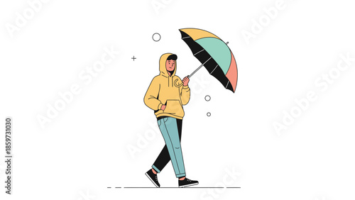 Illustration of a young woman walking with an umbrella on a rainy day in minimal style
