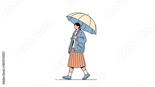 Illustration of a young woman walking with an umbrella in casual attire