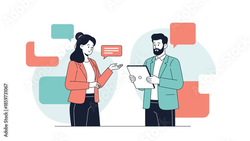 Business professionals engaged in a discussion with digital devices and speech bubbles