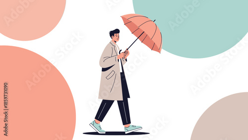 Stylish young man walking outdoors holding an umbrella against colorful abstract background