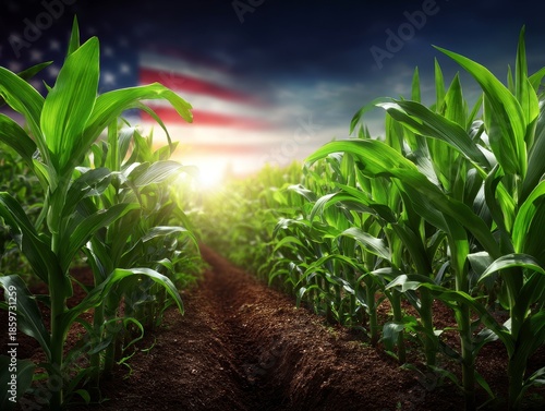 Cornfield representing american agriculture and patriotism at sunrise