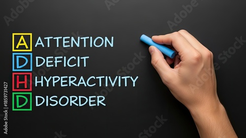Hand writing ADHD acronym on blackboard with colorful chalk.