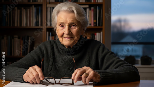 Elderly woman smiling while sitting at a table with glasses in hand  