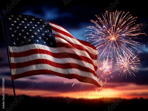 American flag waving with fireworks during sunset celebration