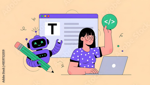 modern creative business woman working on laptop with ai robot assistant for digital transformation coding and content creation representing future technology and global startup success