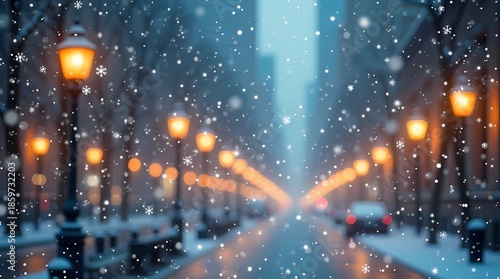  A quiet snowy city street at night with trees and lights glowing in the cold winter air.