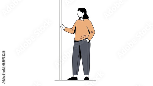 Minimalist Illustration of a Woman Standing Next to a Wall with a Casual Pose and Hand in Pocket