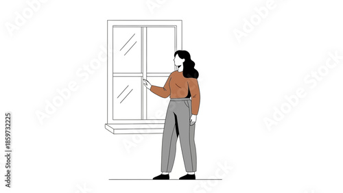 Minimalist Illustration of a Woman Using Her Smartphone by a Window in Contemporary Style