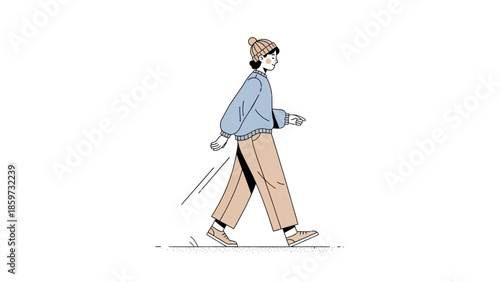 Minimalist Illustration of a Woman Walking with Casual Style in Autumn Comfortable Fashion