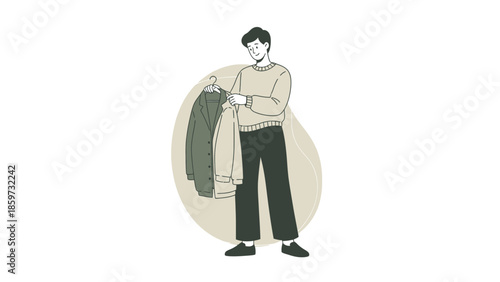 Minimalist Illustration of a Young Man Choosing Clothes from a Wardrobe for a Casual Outfit