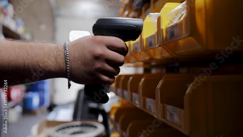 Hand holding a handheld barcode scanner, performing inventory management by scanning yellow storage bins in an industrial warehouse. Auto parts depot