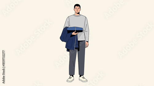 Minimalist Illustration of a Young Man in Casual Outfits Holding a Book Against a Plain Background