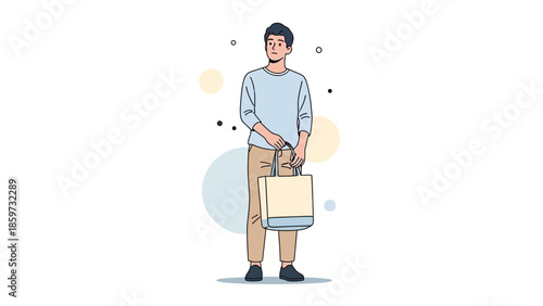 Minimalist Illustration of a Young Man Shopping with a Paper Bag and Casual Attire