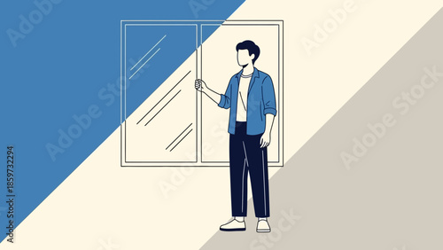 Minimalist Illustration of a Young Man Standing by a Window in Modern Interior Design