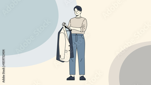 Minimalistic Illustration of a Woman Choosing an Outfit with a Background of Soft Circles