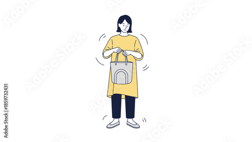 Minimalistic Illustration of a Woman Standing and Holding a Handbag with Casual Attire and Wavy Hair