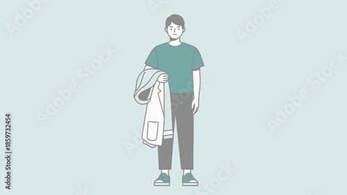 Minimalistic Illustration of a Young Man Standing with Casual Attire and a Light Blue Background