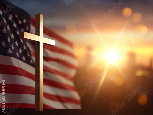Wooden cross standing with american flag and sunset